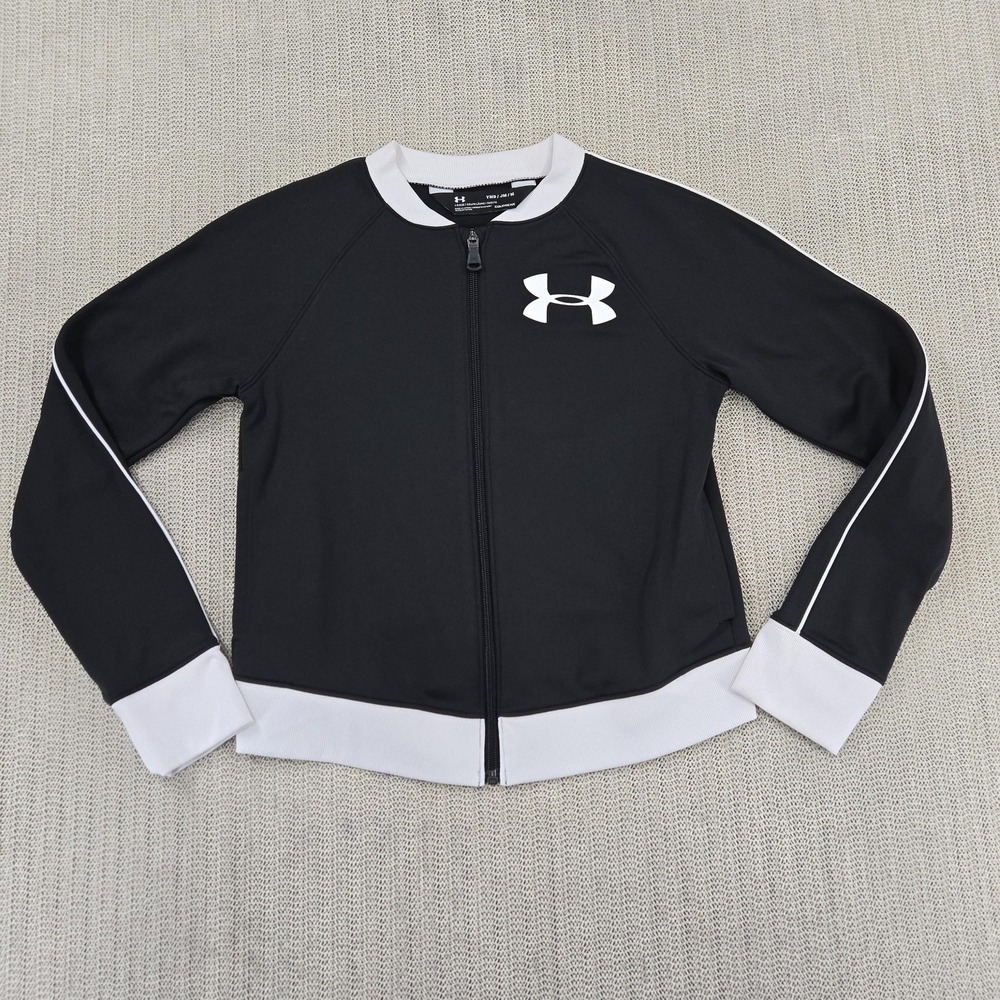 Under Armour Track Jacket Youth Medium 10/12 Black White Full Zip ColdGear Logo